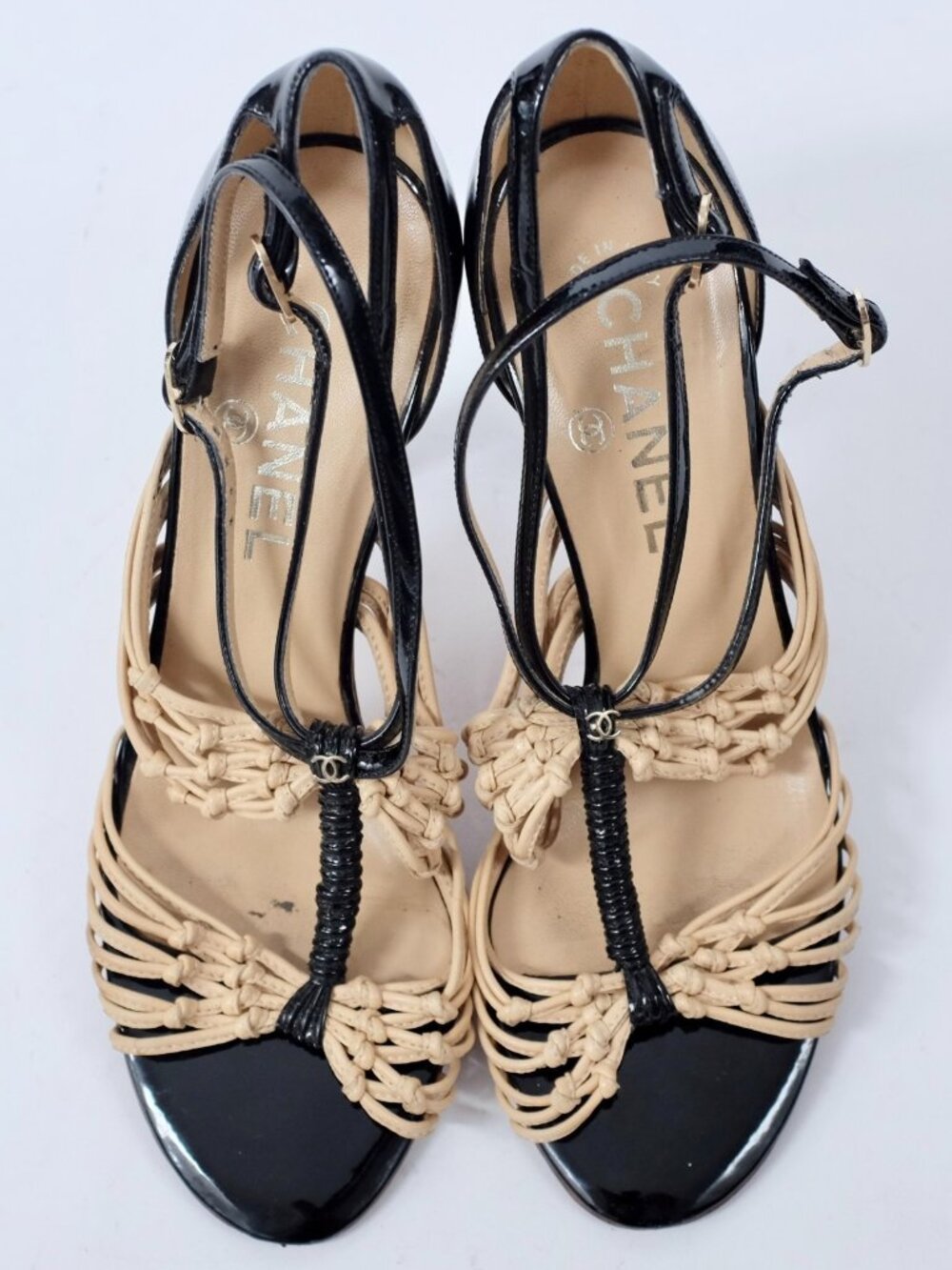 CHANEL shoes sandals 37.5 US 7 open toe strappy ankle strap black beige - Picture 6 of 7